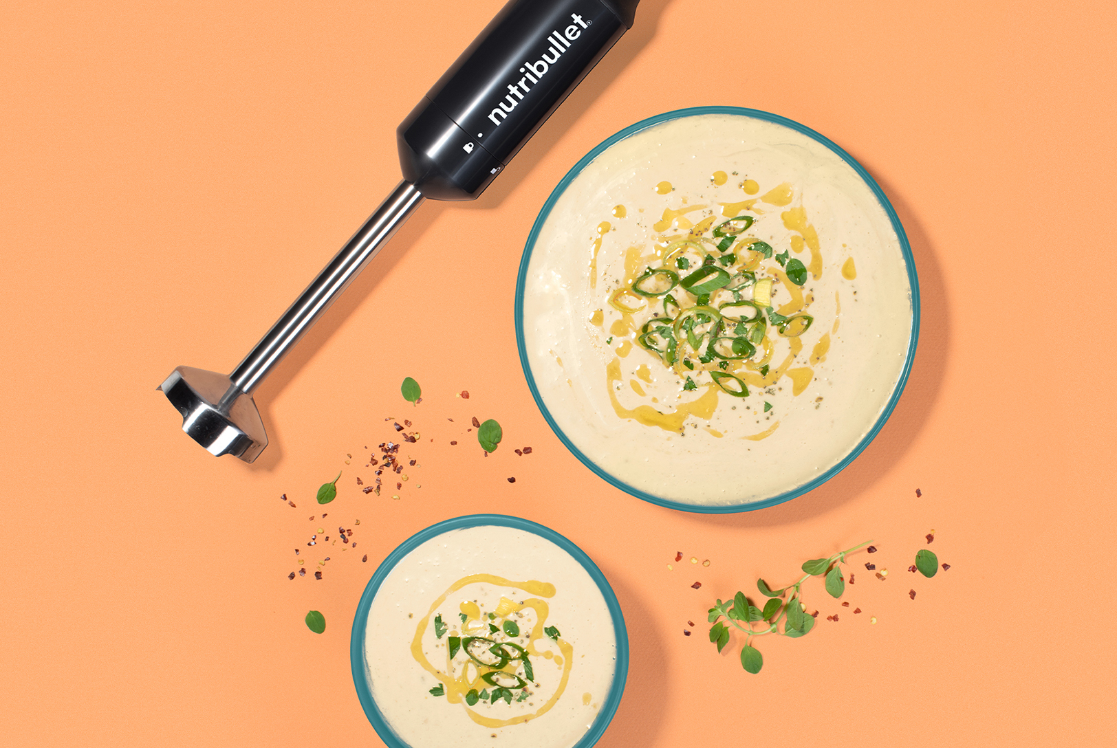 bowls of roasted zucchini and leek soup with nutribullet immersion blender