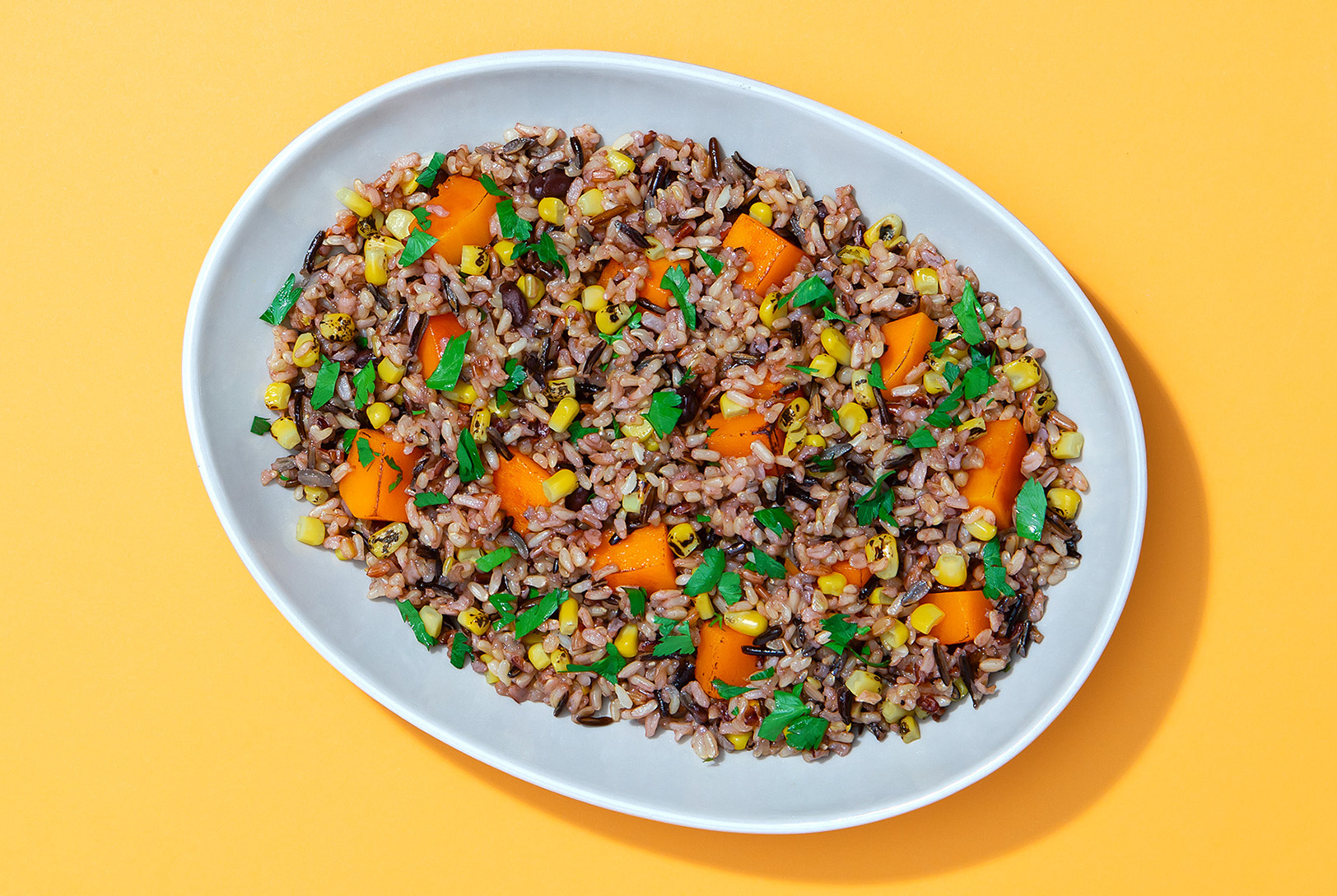 bowl of wild rice salad with corn, butternut squash and beans
