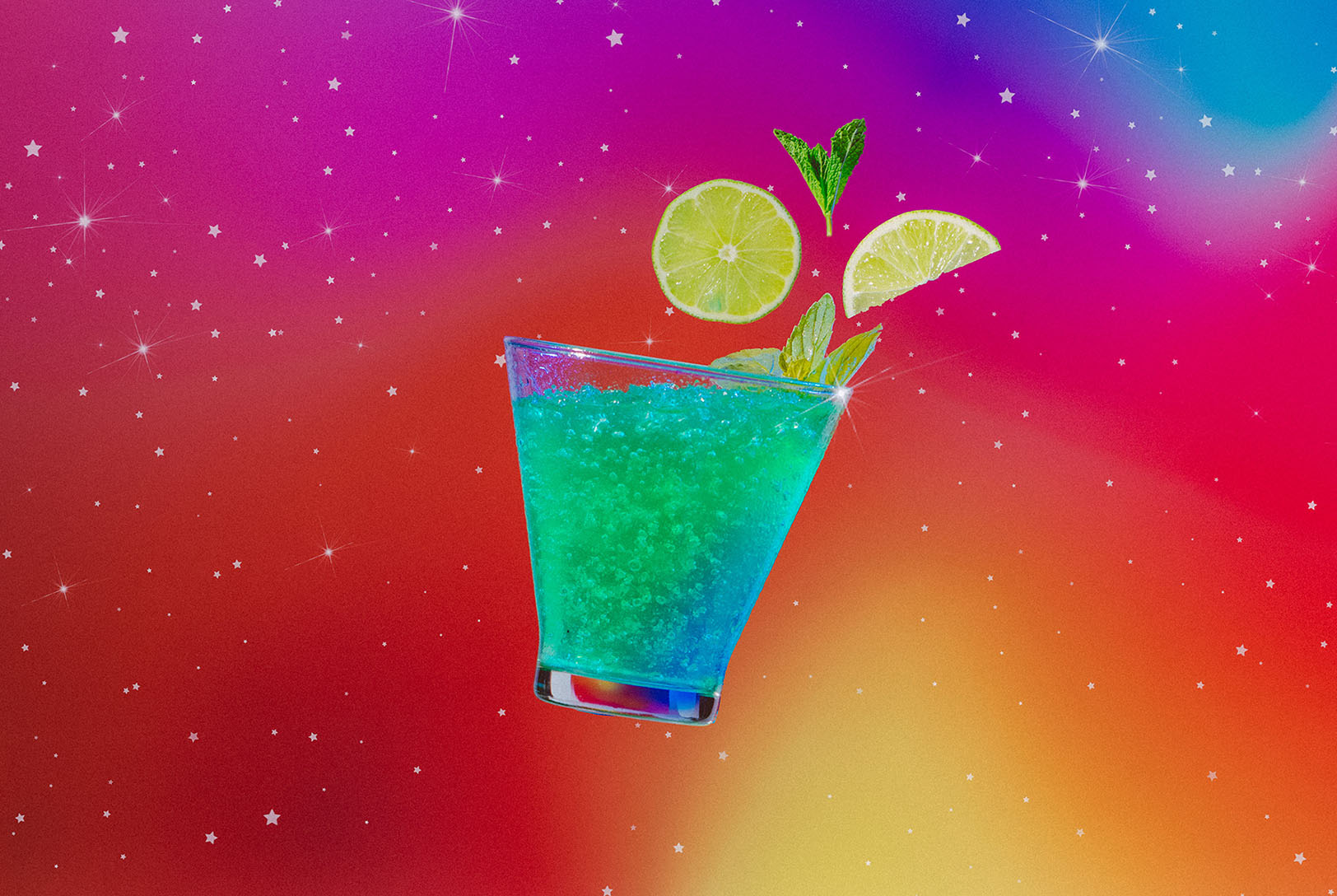 taurus zodiac inspired gin, lime, and mint cocktail surrounded by fresh lime and mint leaves in cosmic surroundings