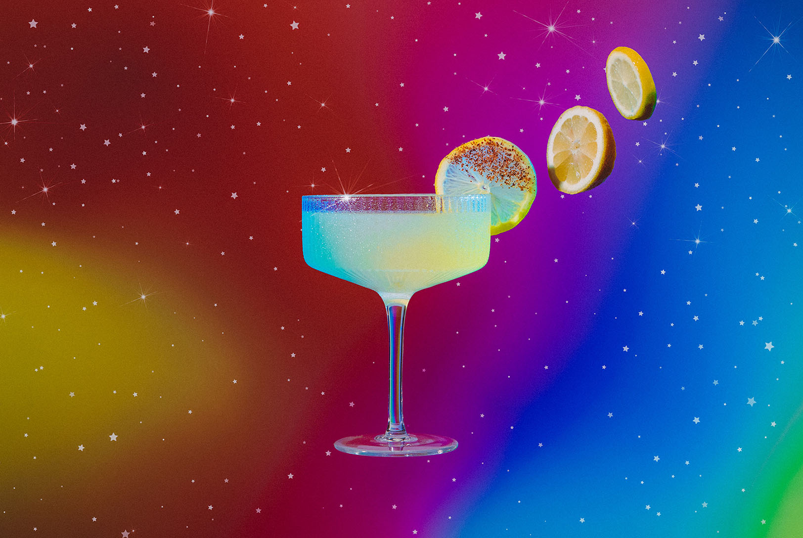 scorpio inspired green-tea infused cocktail with limoncello and absinthe with floating lemon garnish in a cosmic atmosphere