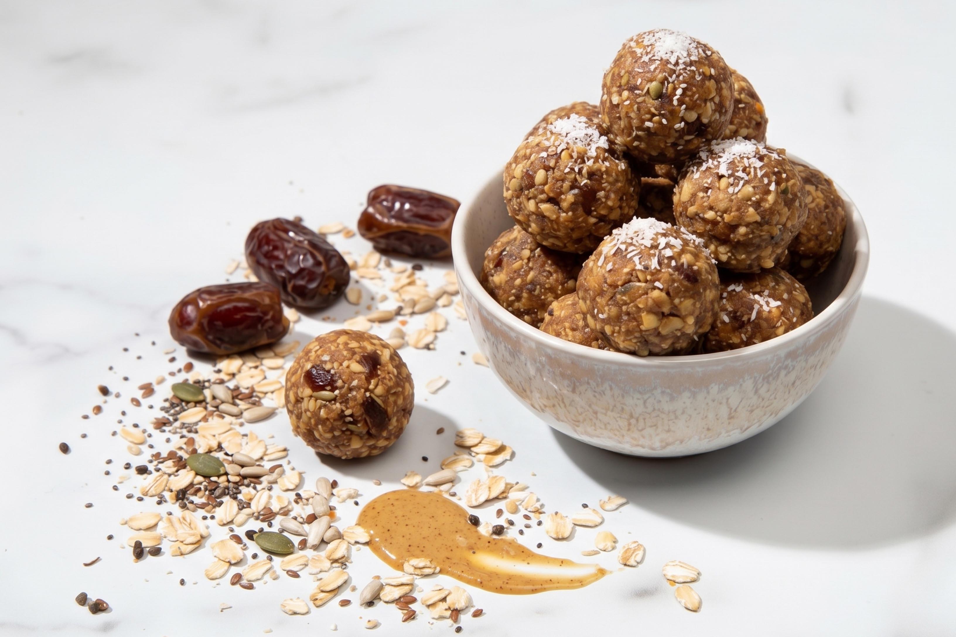 bowl of homemade almond joy energy bites next to dates, oats, and almond butter