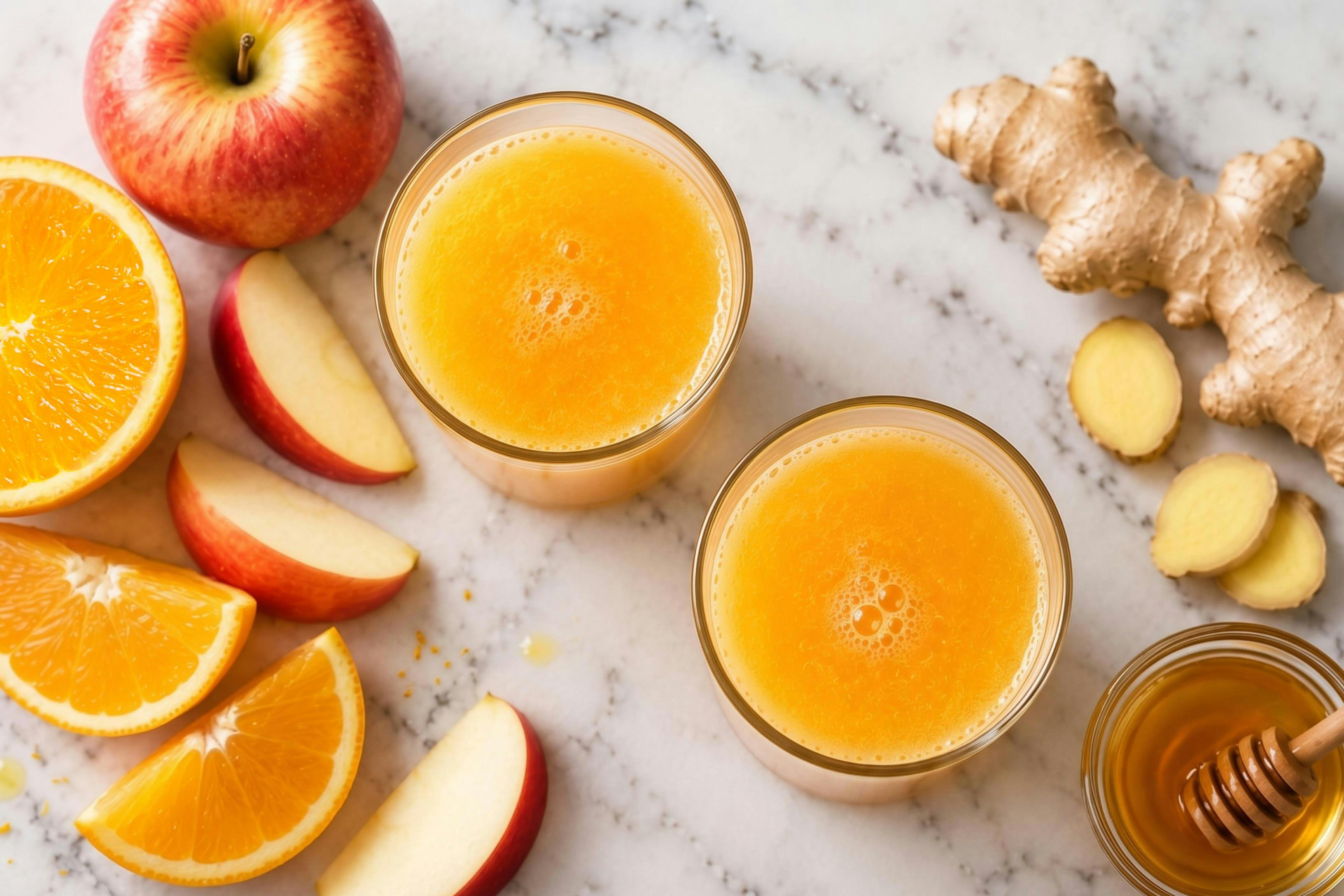 overhead image of apple citrus ginger juice surrounded by fresh apple and orange slices, ginger, and honey