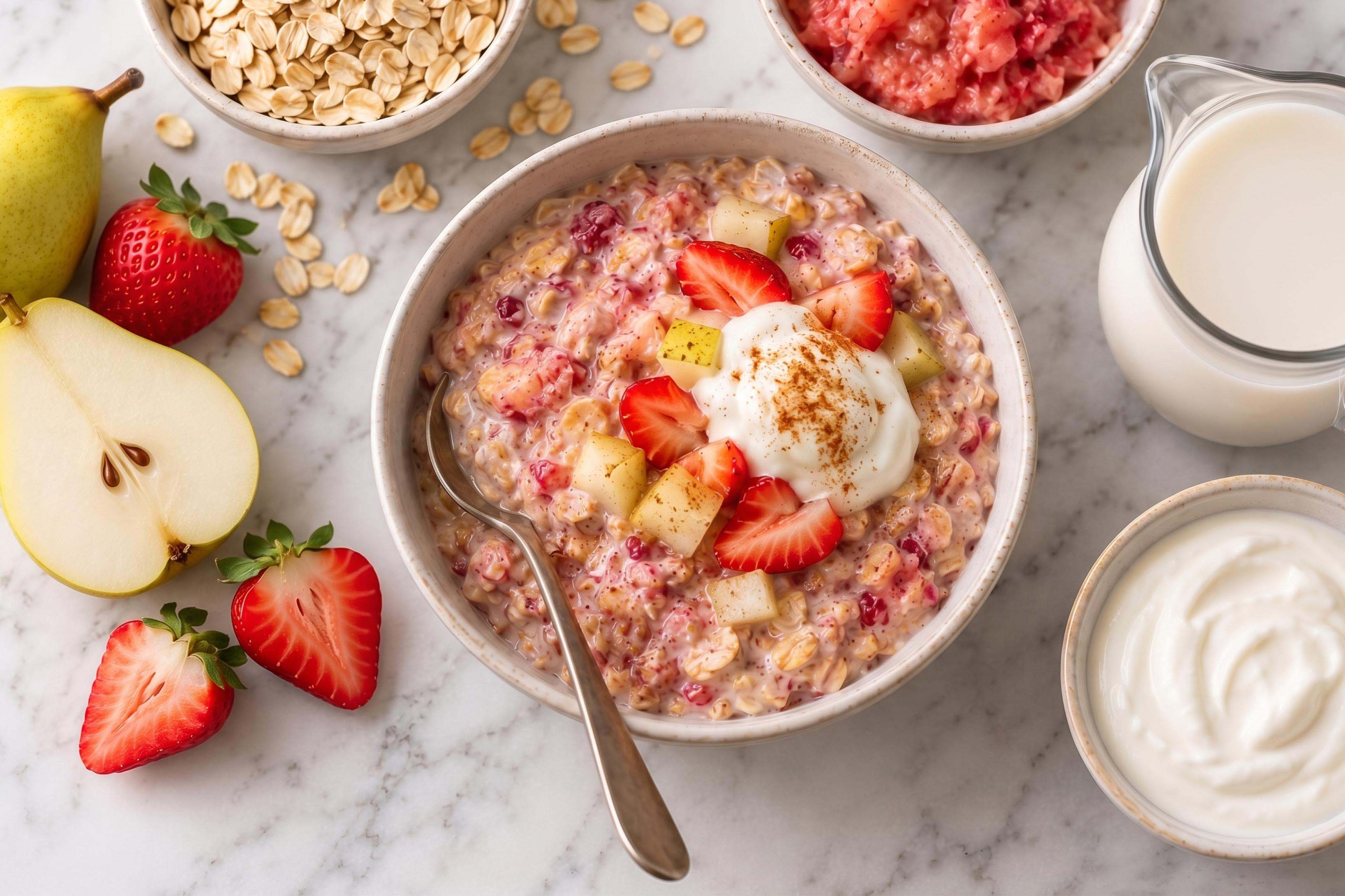 bowl of Apple Pear Berry Overnight Oats topped with fresh strawberries, pears, and yogurt surrounded by ingredients