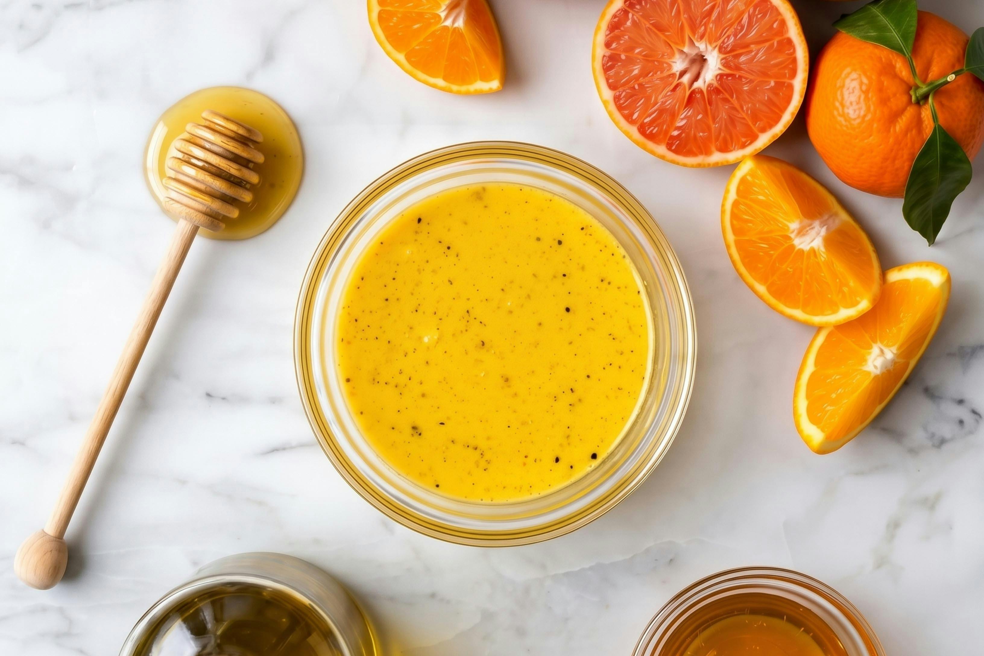 overhead image of small ramekin with homemade Citrus Honey Vinaigrette surrounded by fresh clementines and honey