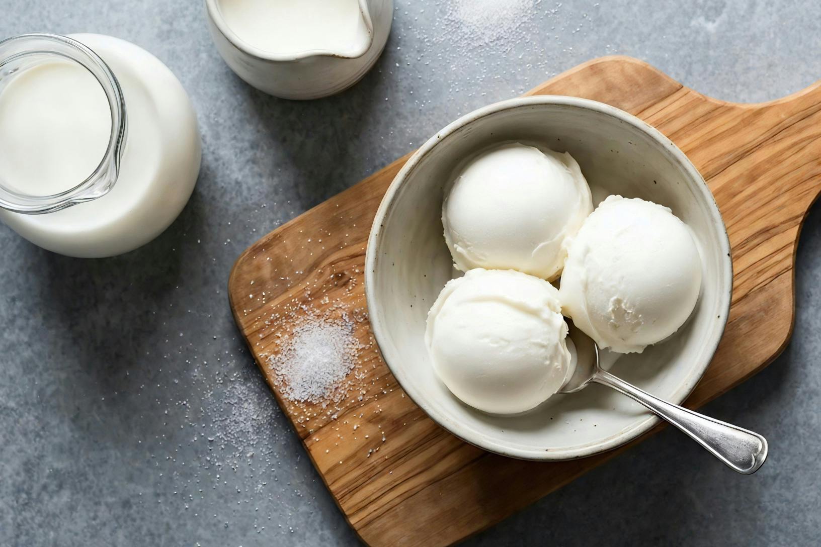 scoops of fiordilatte ice cream in a bowl on top of a cutting board