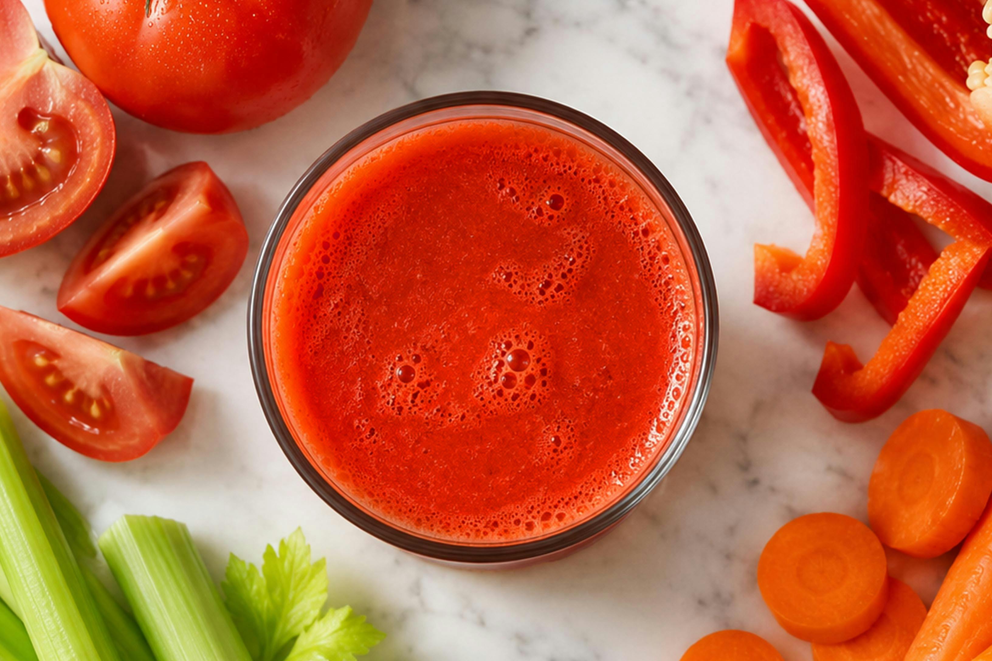 overhead image of fresh veggie juice surrounded by fresh slices of bell pepper, carrots, celery, and tomatoes