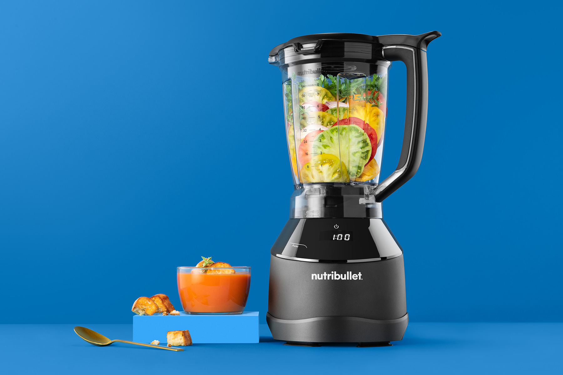 nutribullet Triple Prep filled with ingredients for Heirloom Tomato Soup