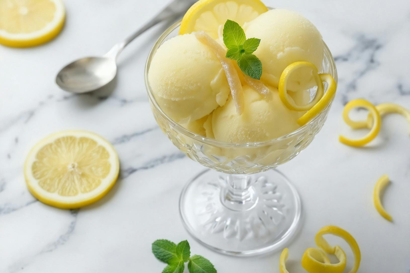 lemon sorbet in a clear glass surrounded by fresh lemon slices 