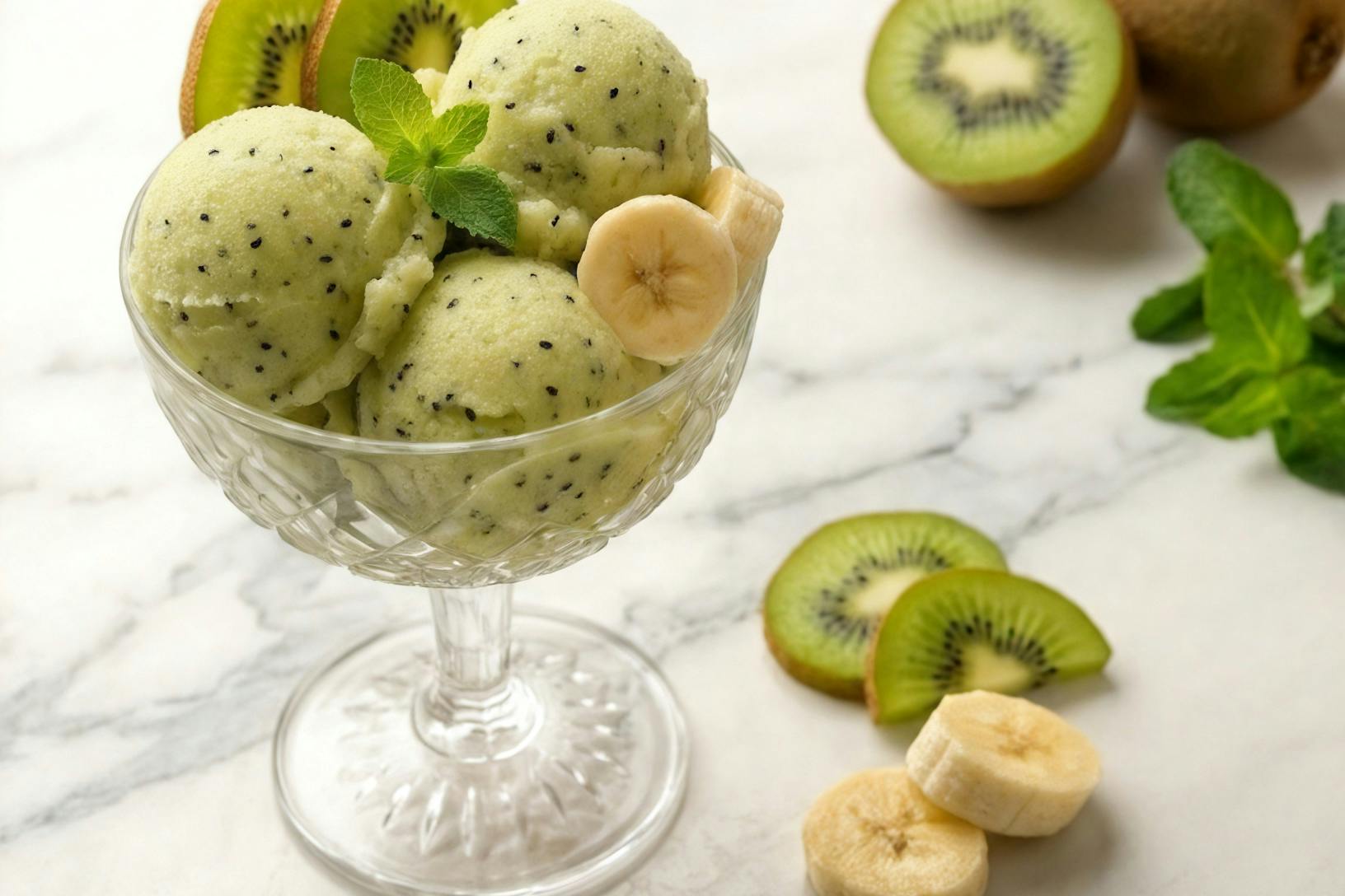 scoops of kibana sorbet in clear glass surrounded by fresh kiwi and banana