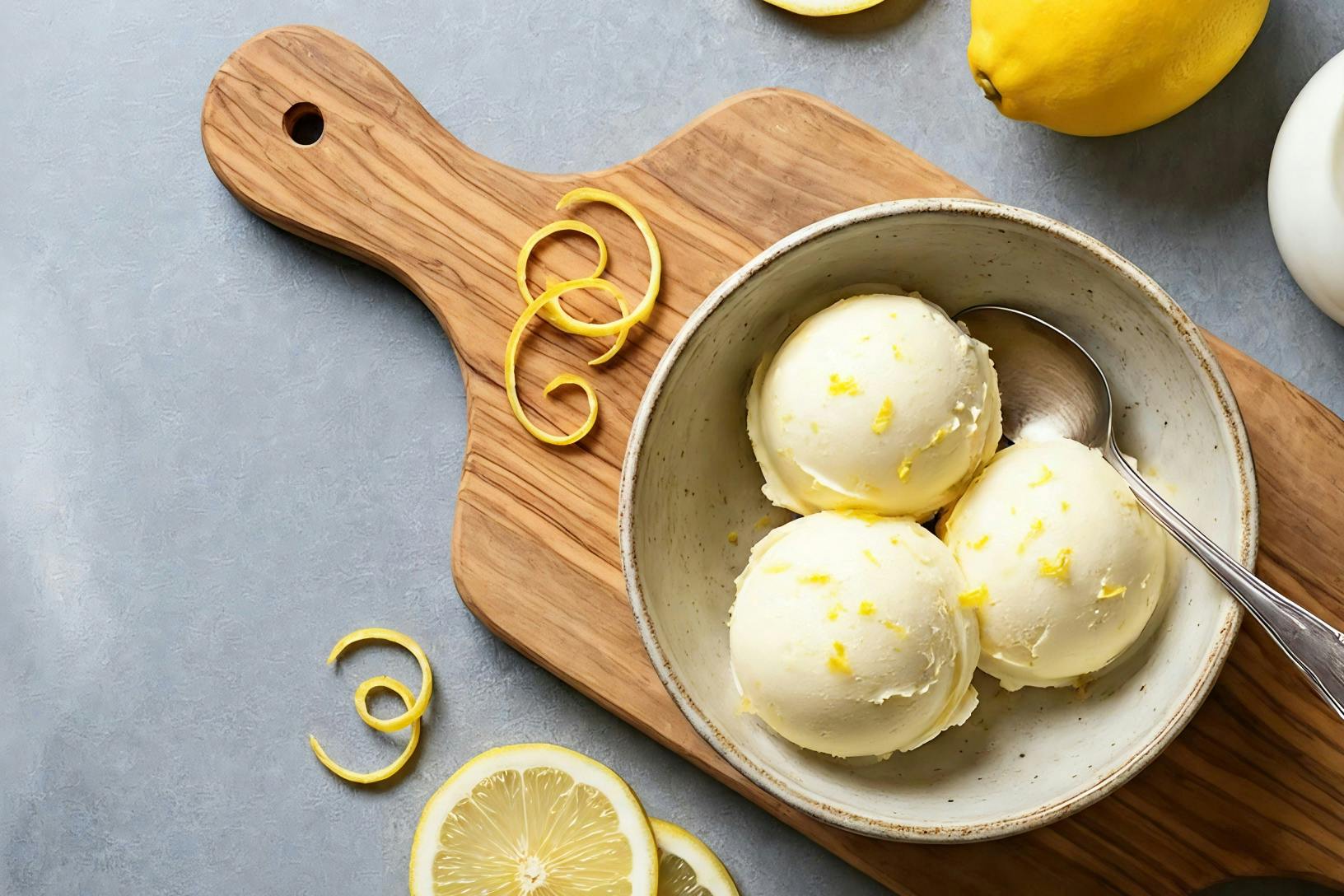 scoops of lemon ice cream in a bowl on a wooden cutting board