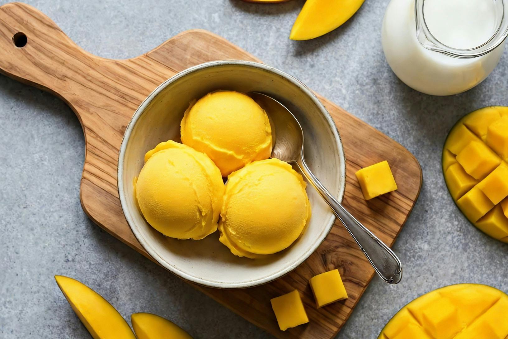 mango ice cream in a bowl on a cutting board surrounded by fresh mango