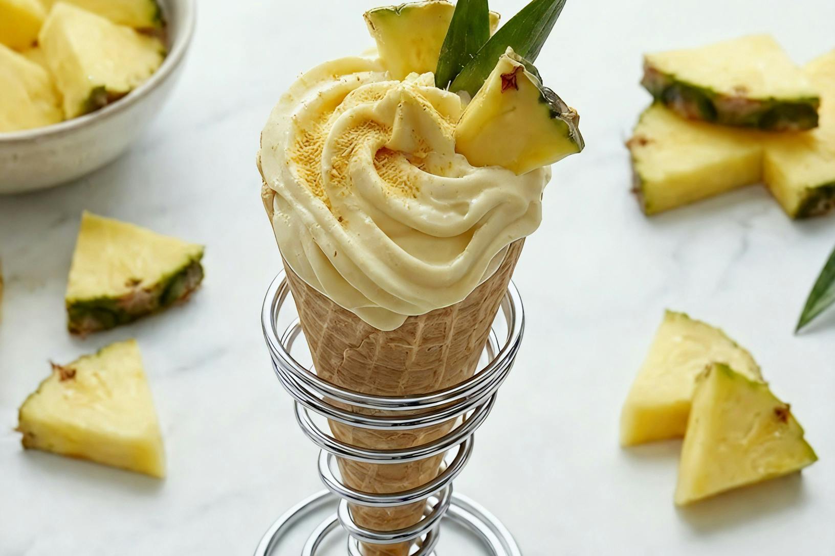 pineapple gelato in an ice cream cone surrounded by fresh pineapple slices