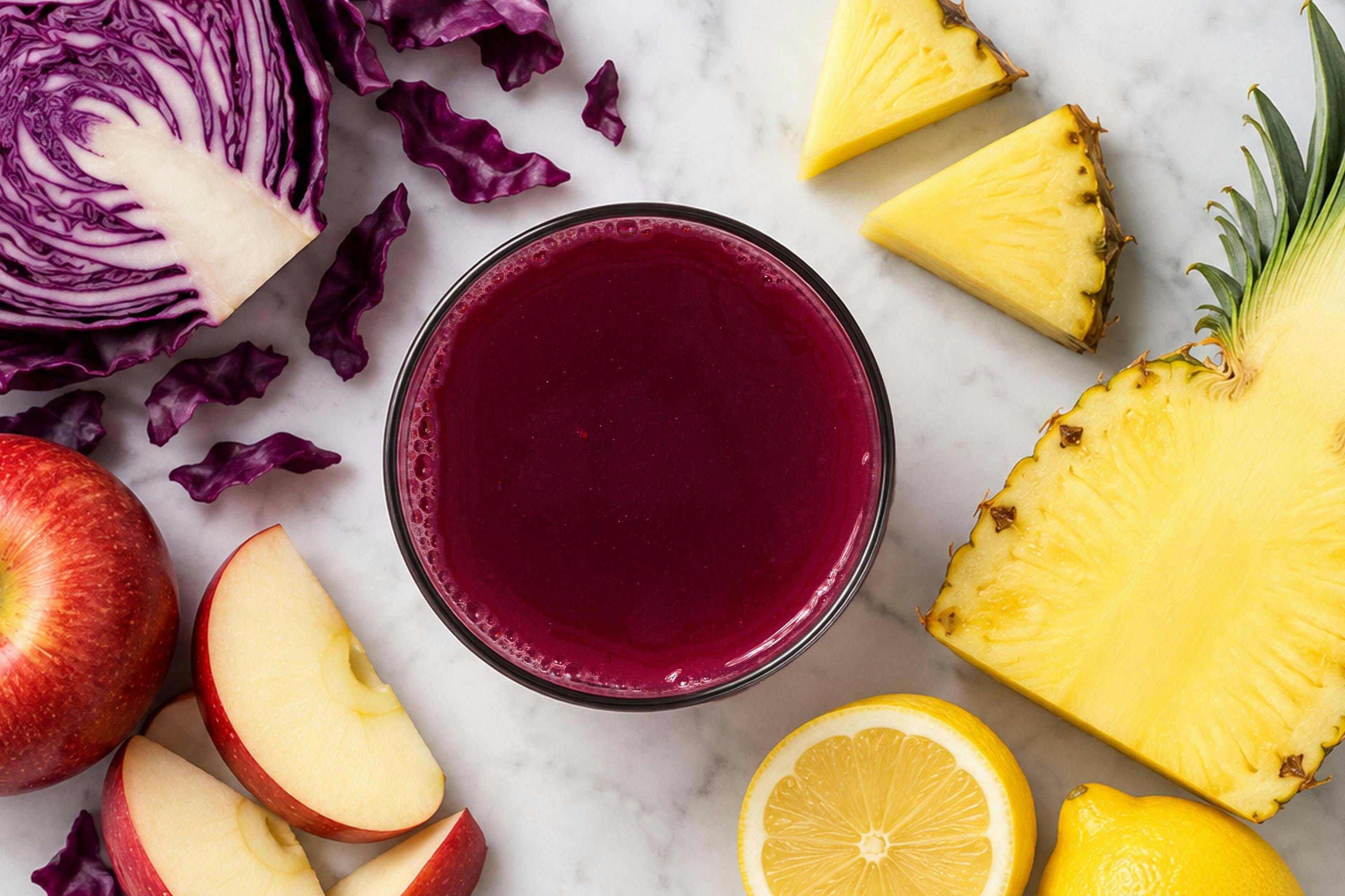 overhead image of purple pineapple juice surrounded by fresh slices of pineapple, apple, lemon, and cabbage
