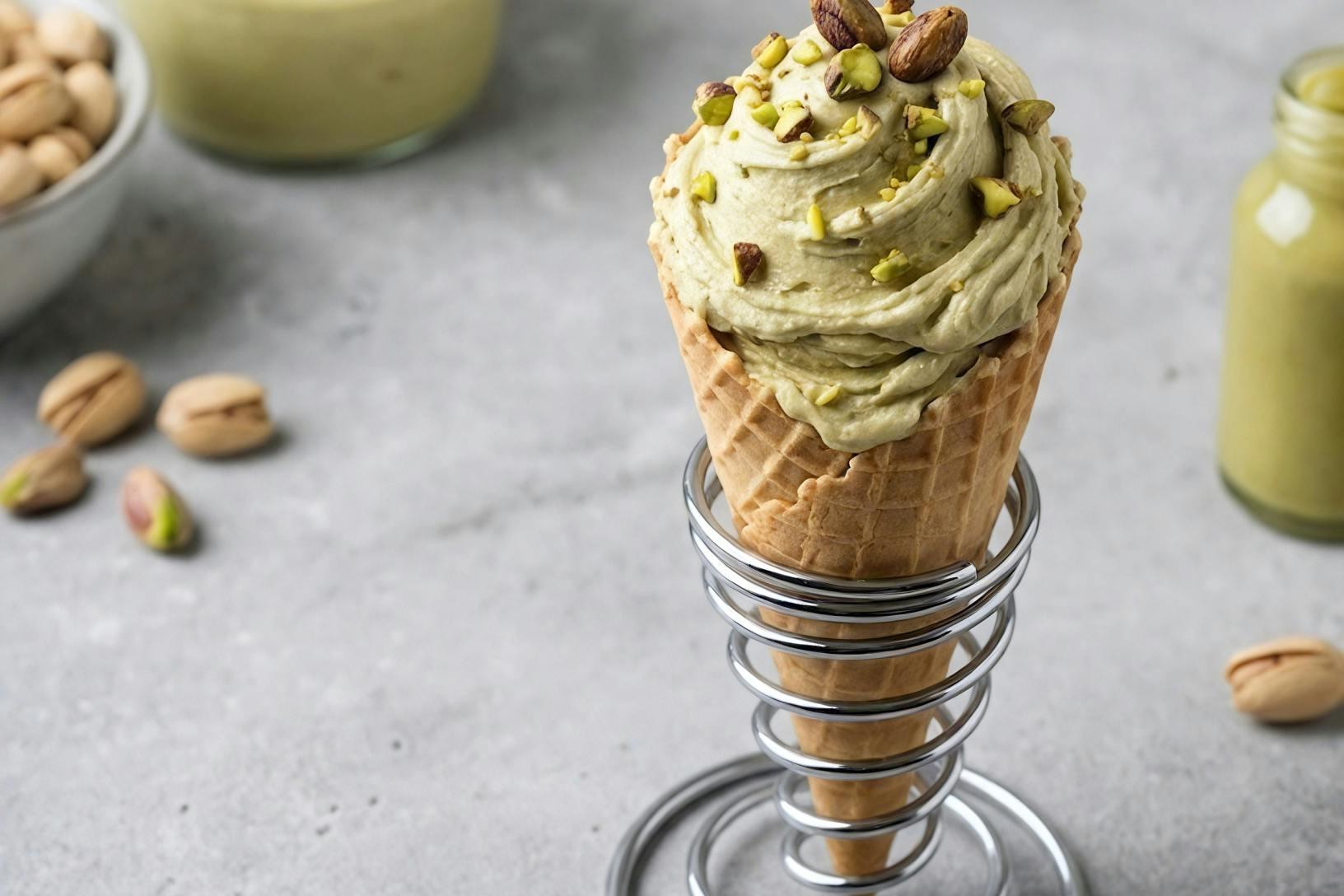 pistachio gelato in an ice cream cone surrounded by raw pistachios