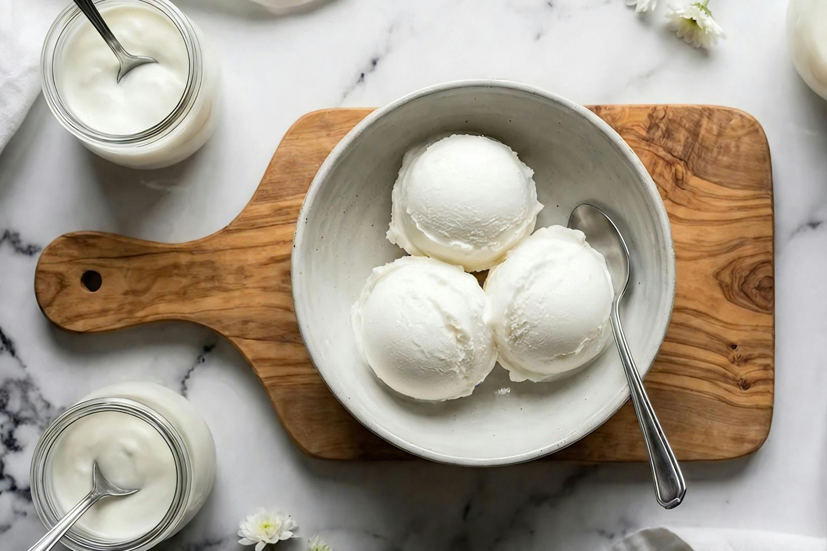 scoops of yogurt ice cream in a bowl on top of a wooden cutting board 