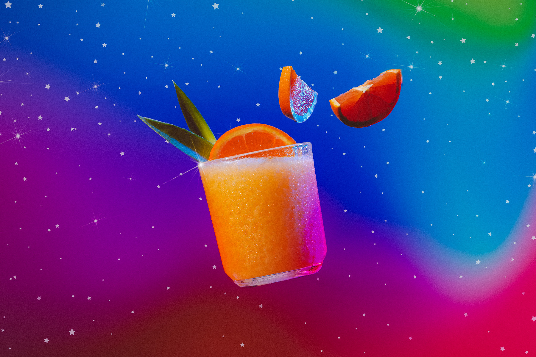 gemini zodiac inspired rum, pineapple, orange, and coconut cream cocktail surrounded by orange slices and mint leaves in cosmic surroundings