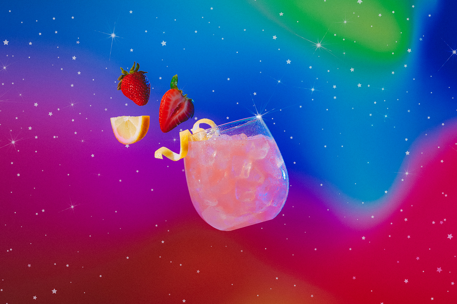 leo zodiac inspired rose and strawberry cocktail surrounded by floating strawberry and lemon slices in cosmic surroundings