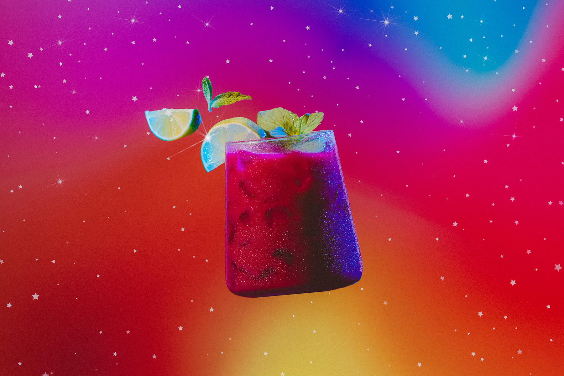 sagittarius inspired Brazilian cachaça, Filipino ube powder, tropical coconut and pineapple cocktail with floating lime and mint garnish in cosmic atmosphere