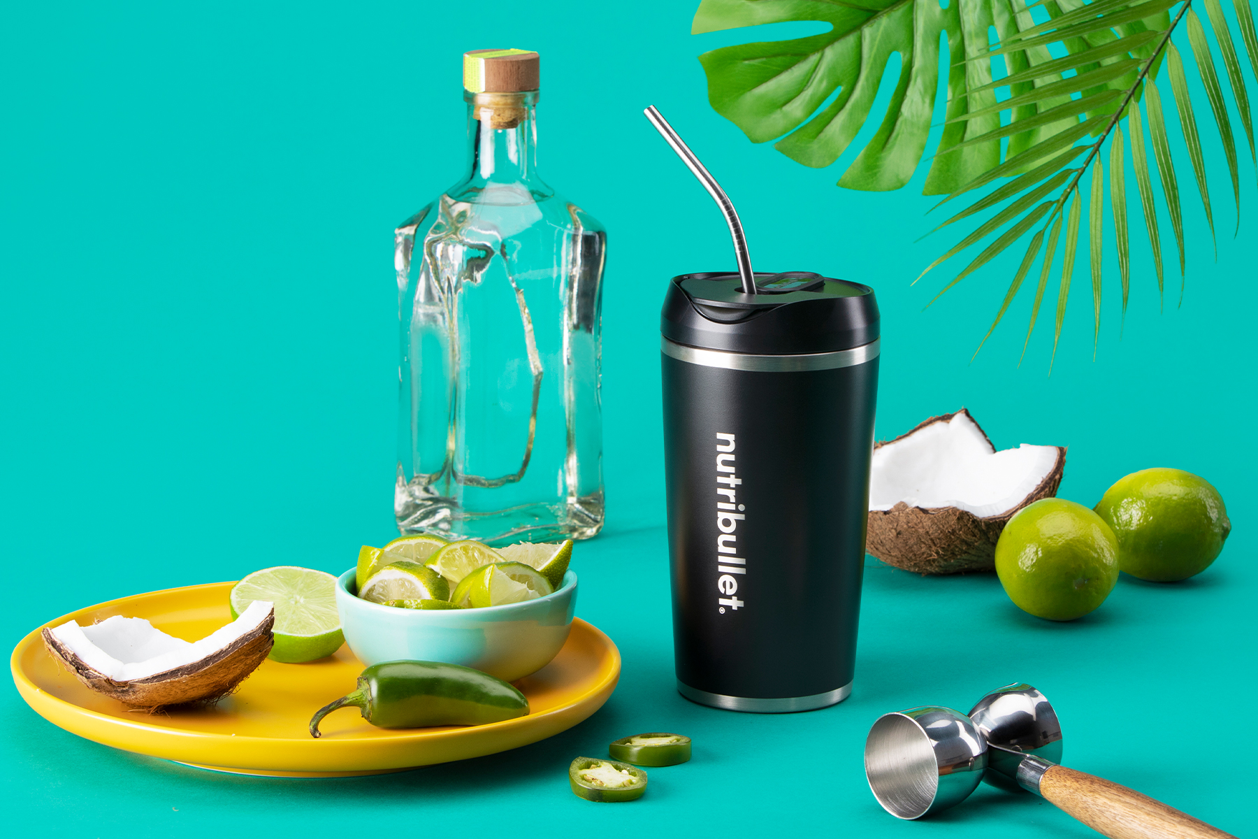 Black nutribullet Flip with jalapeño, coconut, lime, and tequila