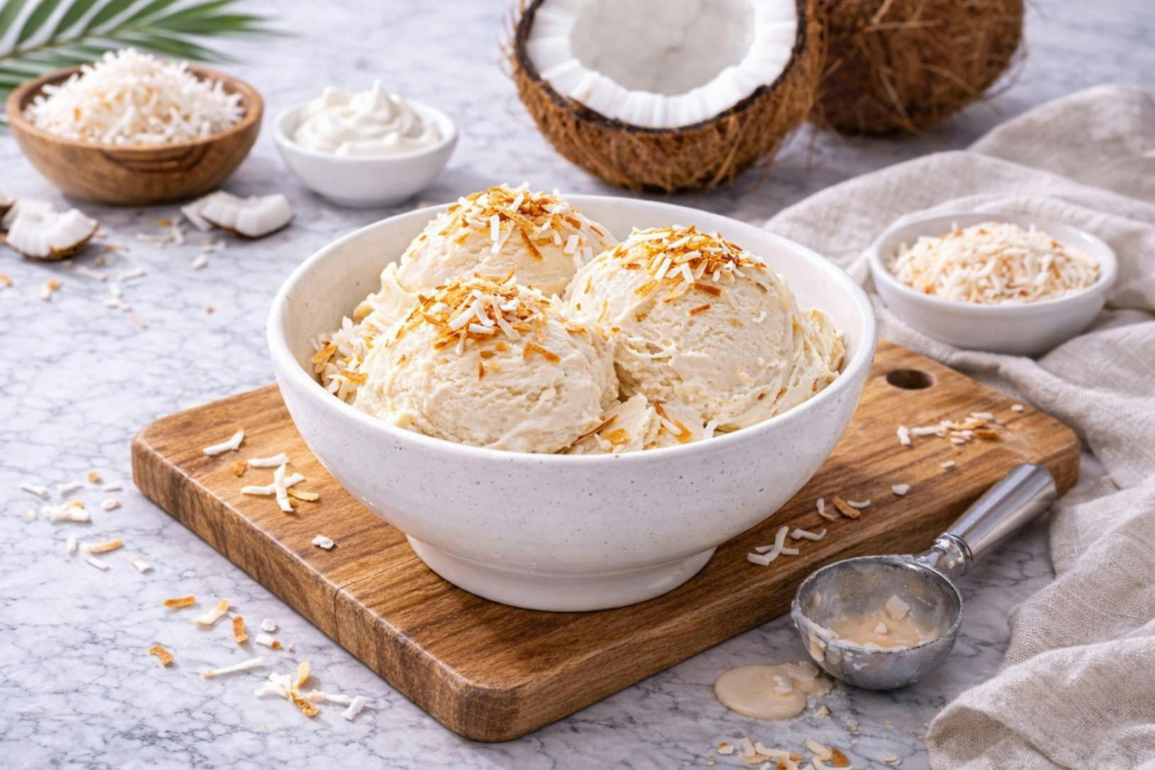 bowl of toasted coconut ice cream on a countertop surrounded by ingredients