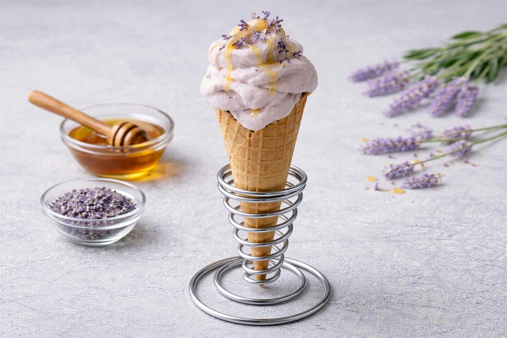 an ice cream cone filled with Honey Lavender Gelato on a countertop adjacent to honey and lavender