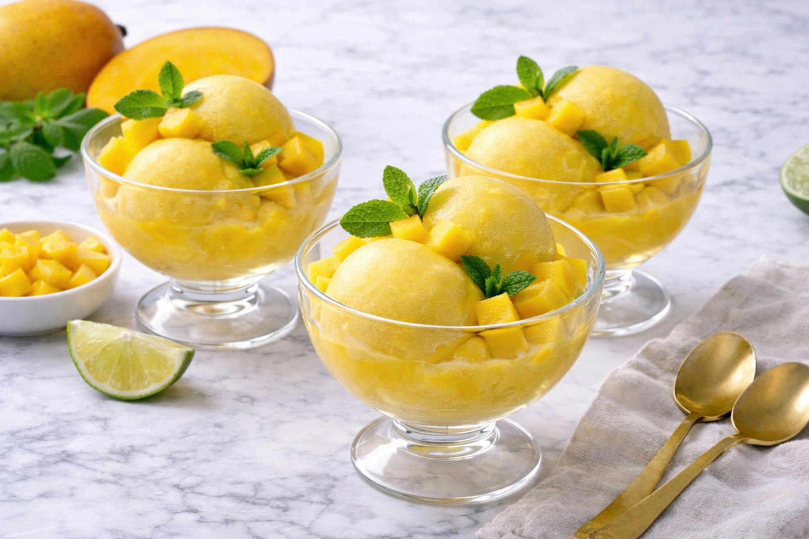 three bowls of mango sorbet garnished with fresh mango and mint on a countertop