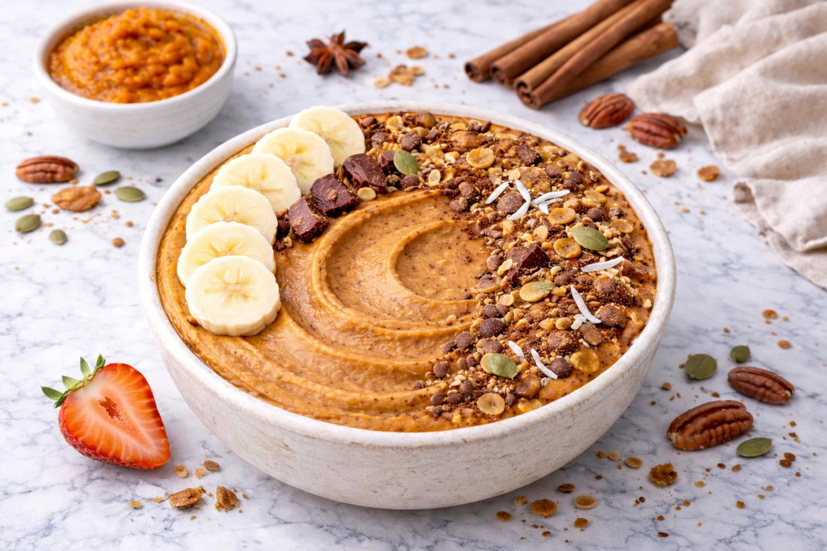 pumpkin smoothie bowl with sliced banana and granola on top 