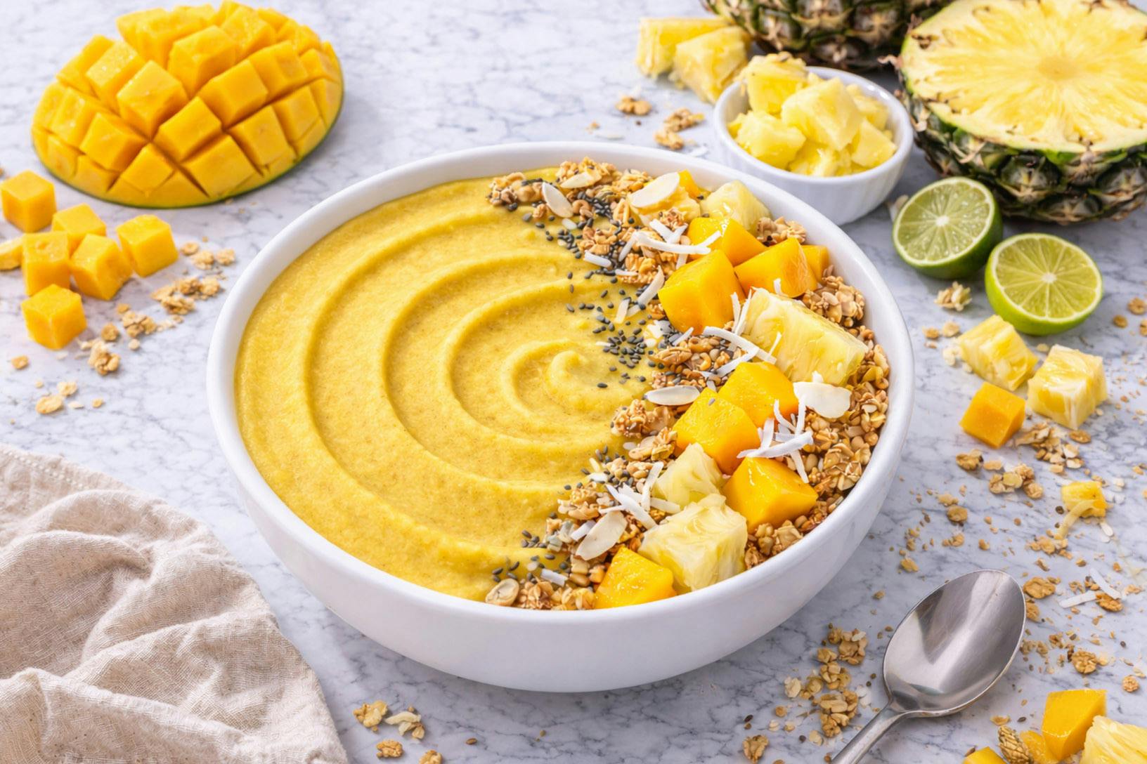 tropical smoothie bowl with blended mango and pineapple topped with mango and pineapple and granola