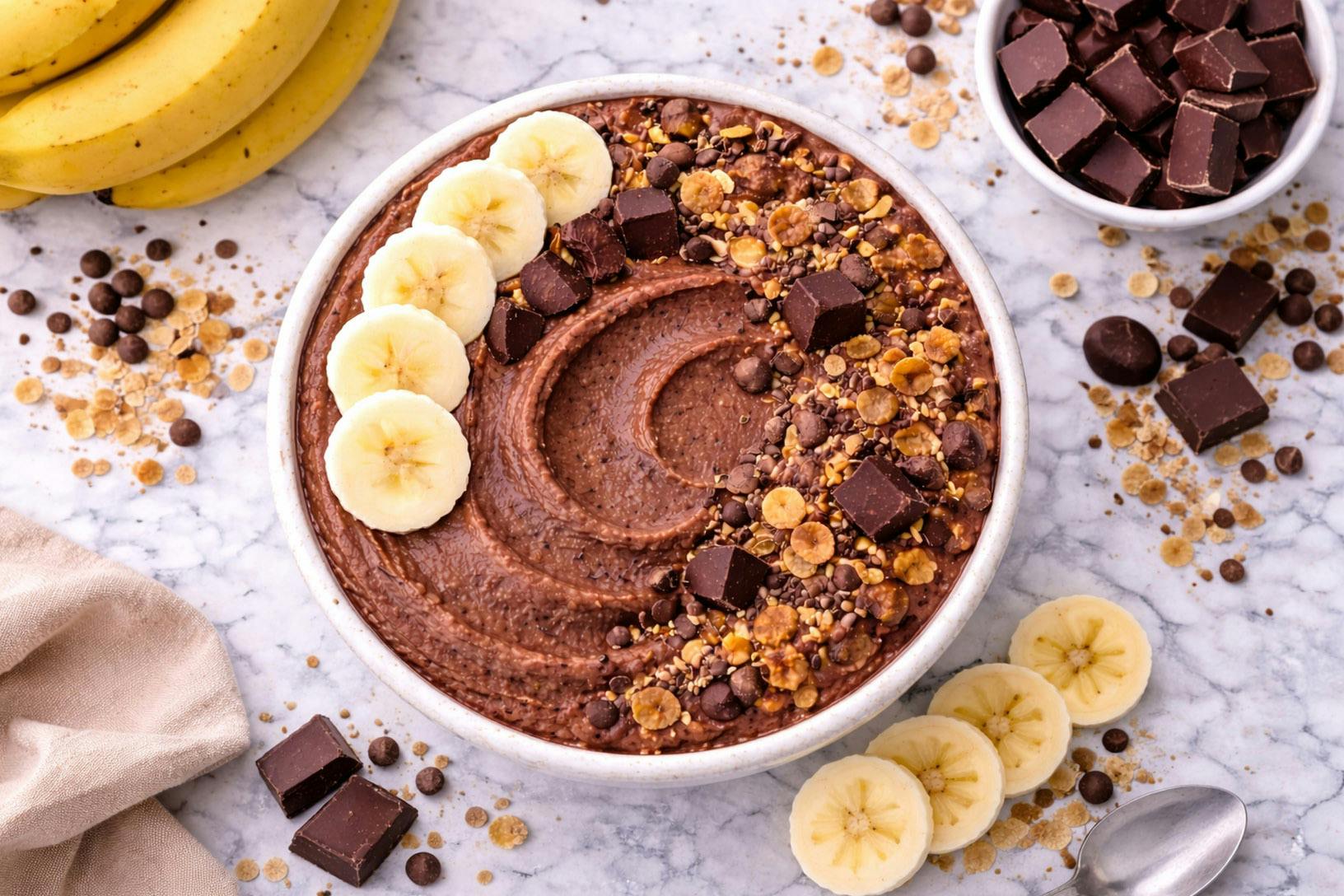 chocolate banana smoothie bowl with sliced bananas and granola sprinkled on top