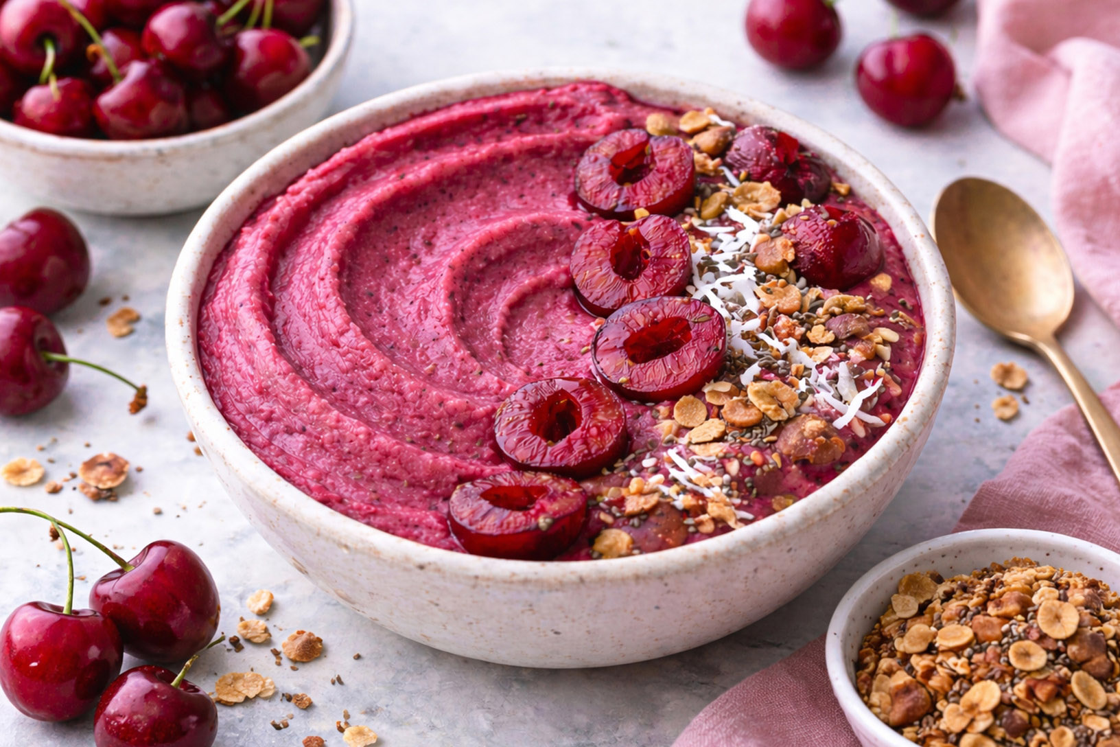 smoothie bowl with blended cherry and hibiscus fruits topped with sliced cherries, granola and shredded coconut 