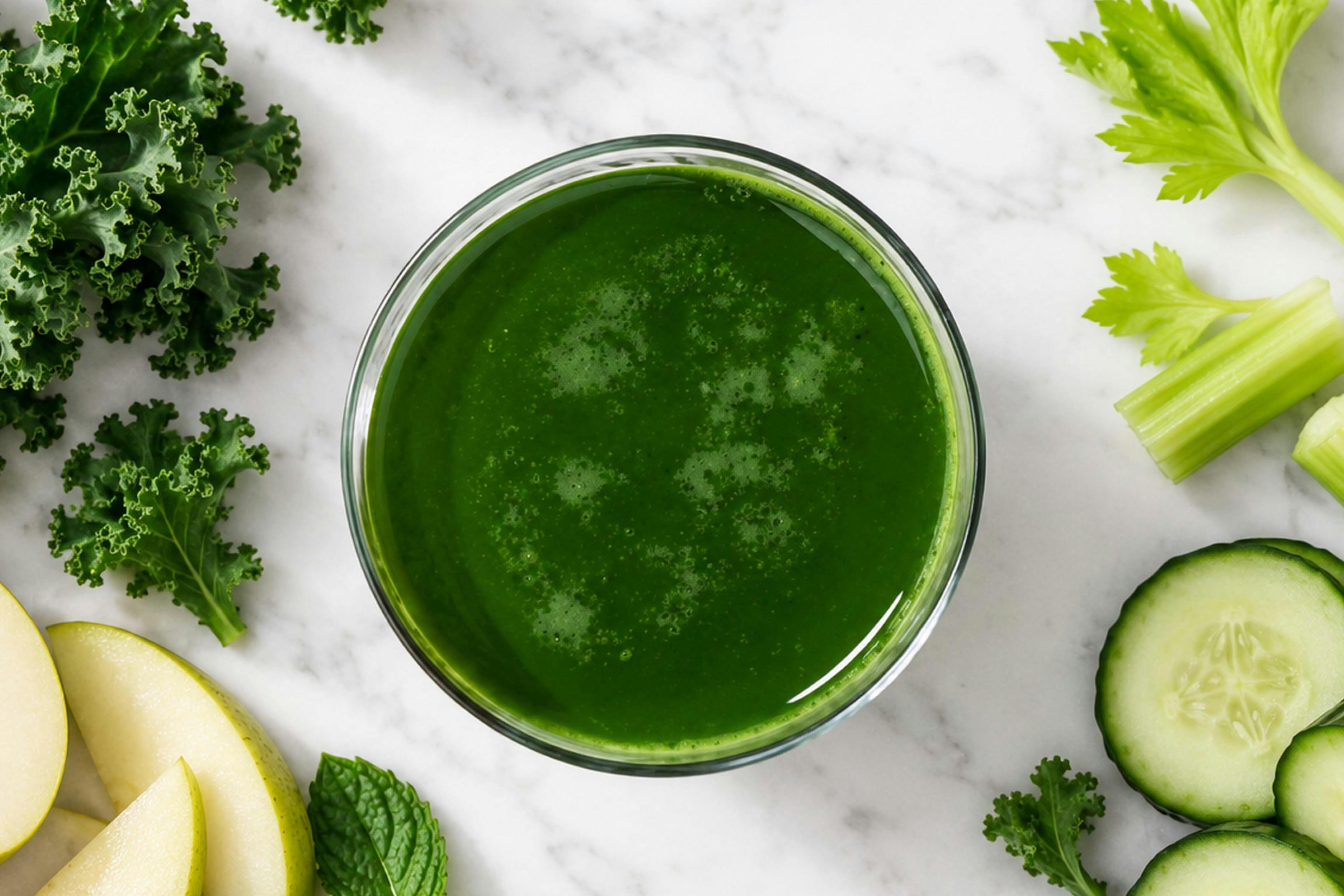 overhead image of green juice surrounded by kale, pear, celery, and cucumber