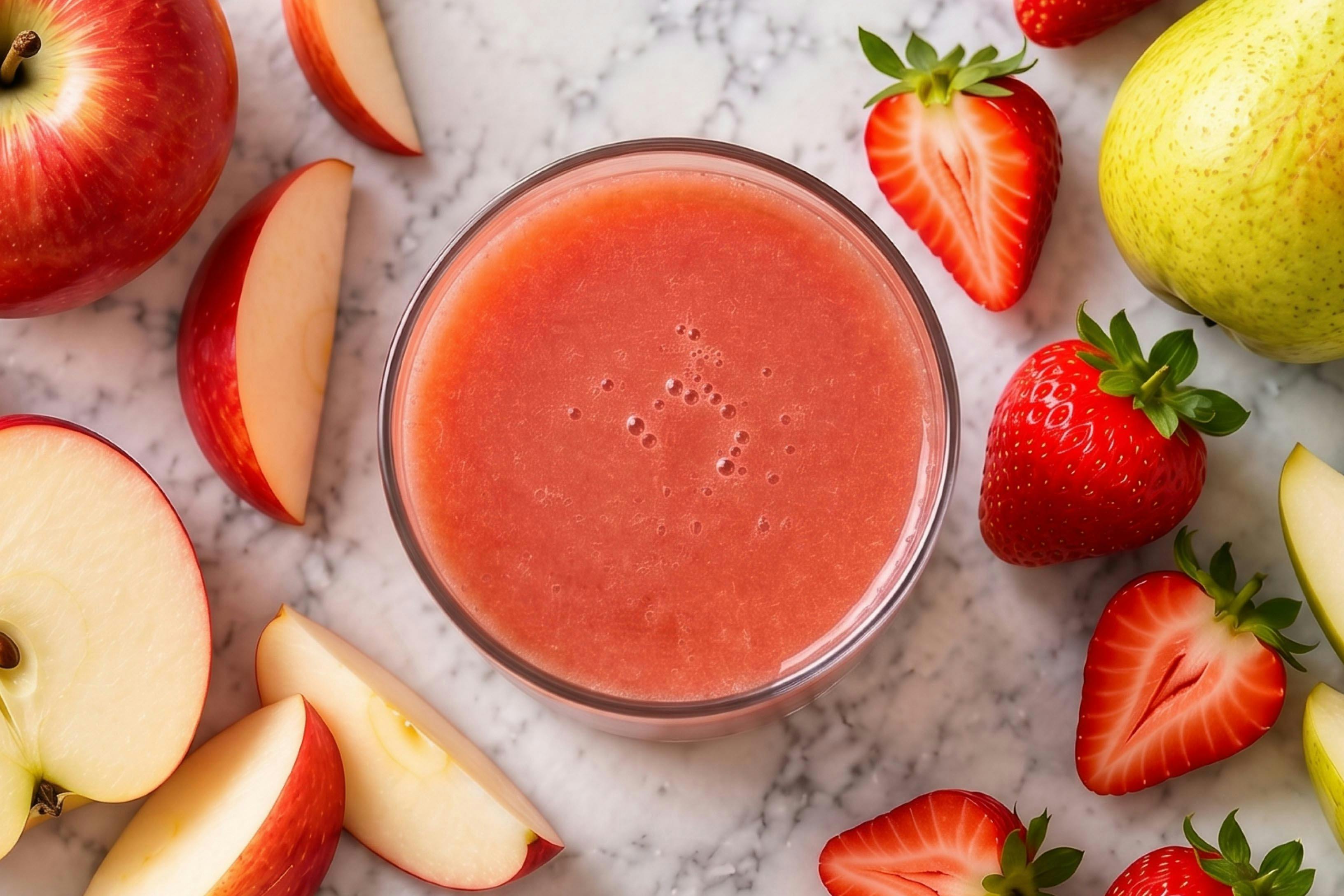 overhead image of a glass of apple, pear and strawberry juice surrounded by fresh apples, strawberries, and pears