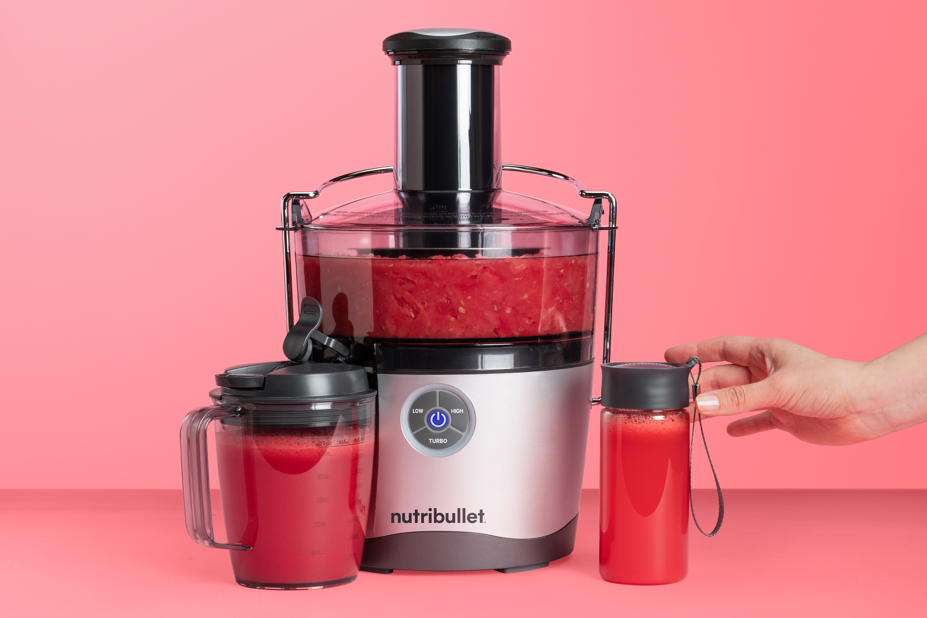 red watermelon juice with nutribullet juicer and pitcher
