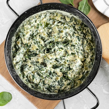 pan of homemade spinach and artichoke dip