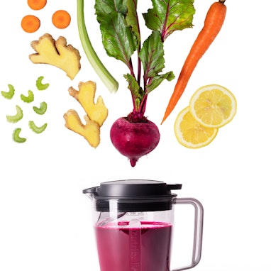 root vegetable juice with beets, lemon, carrot, ginger, and celery
