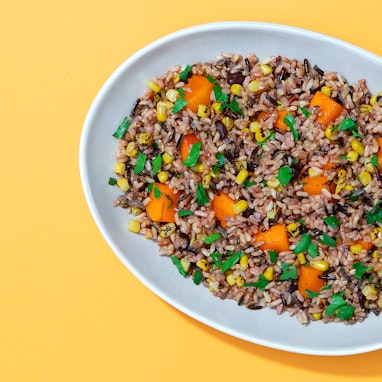 bowl of wild rice salad with corn, butternut squash and beans
