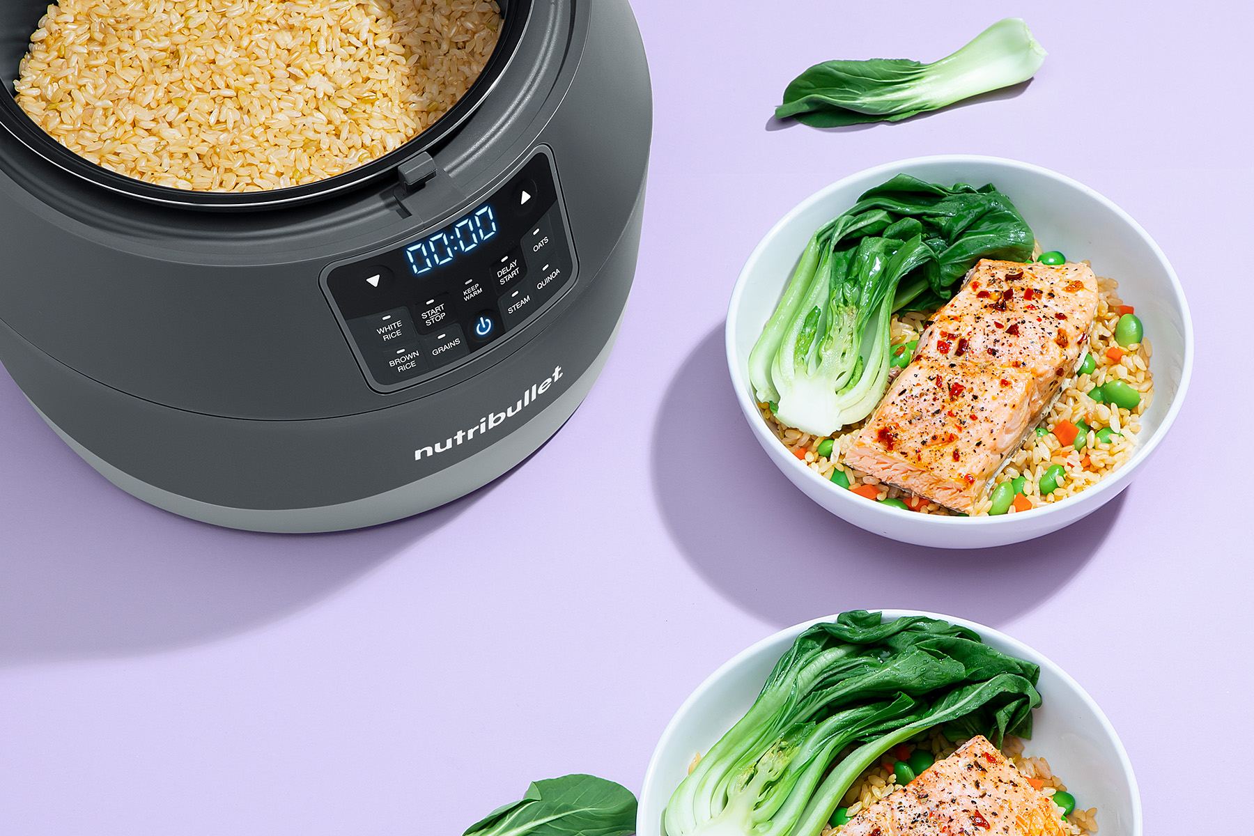 nutribullet grain cooker with salmon and bok choy brown rice bowl